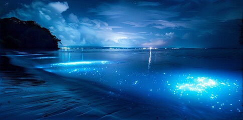 Glowing Plankton in Bioluminescent Bay Ethereal Blue Light Image