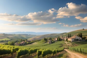 Fototapeta premium A picturesque countryside landscape with rolling hills covered in vineyards, dotted with quaint wineries 