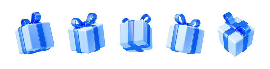 Set of realistic 3d render gift boxes. Light blue gift box with blue bow and ribbon. Gift box in different angles isolated on white. Vector illustration. © sergo77