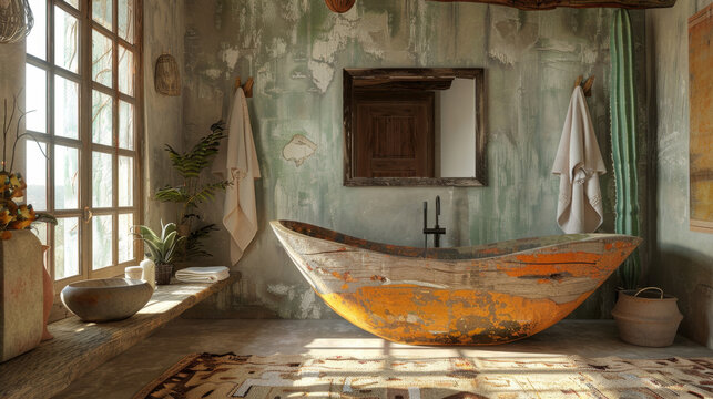 rustic bathroom decor, embrace imperfection with a wabi sabi bathroom featuring a weathered wooden bathtub and handmade ceramic sink celebrating the beauty of flaws