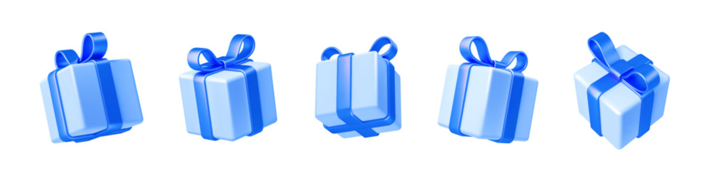 Set of realistic 3d render gift boxes. Light blue gift box with blue bow and ribbon. Gift box in different angles isolated on white. Vector illustration.