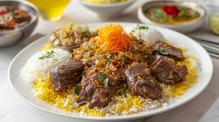 Traditional iranian beef kebab served on fragrant saffron rice with fresh vegetables and herbs...