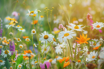 Summer meadow with daisies and wildflowers at noon. Meadow flowers in the bright sun. . Natural background Blurred background