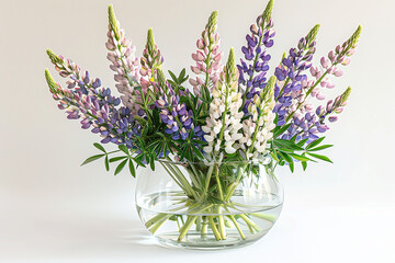 Bouquet of various lupins in a wide transparent vase on white background 