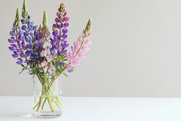 Colorful lupine flowers in glass vase on white background Banner with copy space