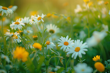  Spring meadow with daisies. Panoramic banner.