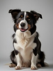 Fototapeta premium A Border Collie dog is sitting on a gray and white background and looking ahead. AI generated image