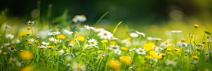 Beautiful daisies on a green meadow at sunset. Blurred floral background
