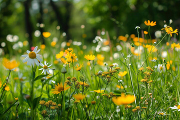Yellow flowers in the field. Beautiful meadow with daisies and chamomiles