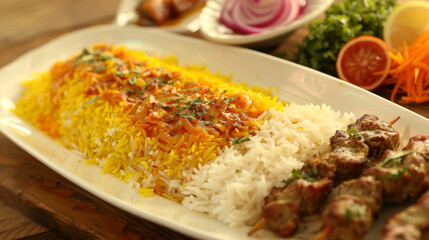 Mouthwatering plate of chelo kabab, featuring juicy skewered meat, vibrant saffron rice, fresh herbs, and tangy lemon, on a wooden table