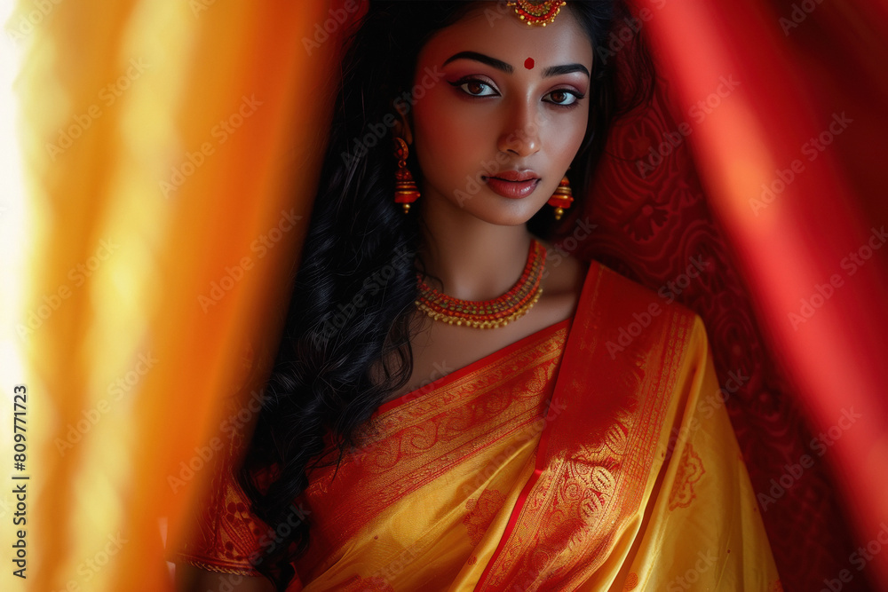 Wall mural young beautiful indian woman in red saree.