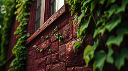 A close-up of the textured brickwork and ivy of a rich maroon house, with the soft focus on the greenery.