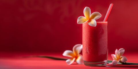 Fresh Color Juice Smoothie tropical fruits red Orchid flower on glass mug Smoothies beverage in the summer Shallow depth of field Cool drinks red background