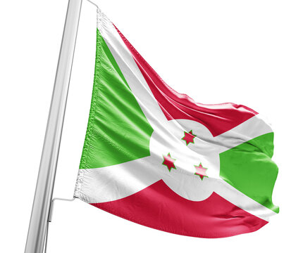 Burundi waving flag with mast on white background with cutout path.