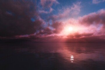 Stormy sky over the ocean, Panorama of sea sunset, ocean sunrise, seascape, 3d rendering
