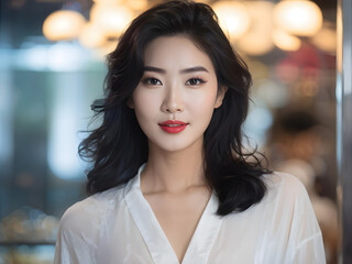 Obraz premium a young asian woman with long black hair and a white shirt