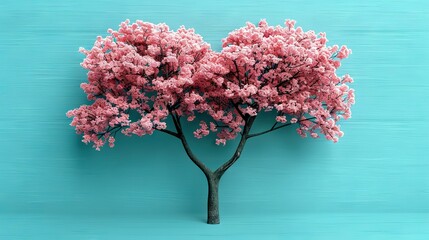   A pink tree on a blue background with a blue wall in the background