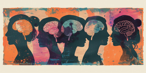 Vibrant risograph print of abstract profiles with colorful brains and cognitive diversity.