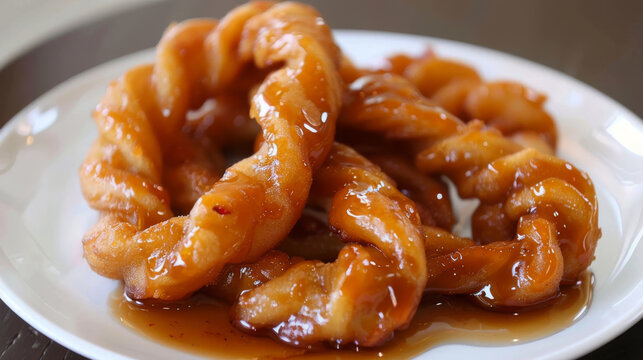 Close-up shot of delicious zoolbia, a classic sweet and sticky iranian dessert, served on a white plate with syrup drizzle