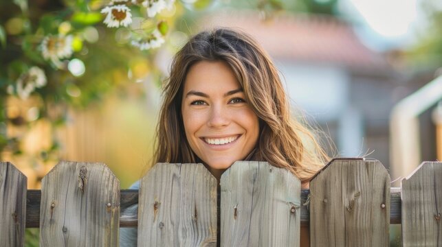 Beautiful young woman looks out from behind fence.