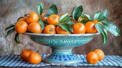   A tablecloth adorns a blue, checked table, upon which rests an orange-filled bowl surrounded by verdant foliage