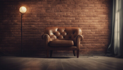 dimly lit cozy room wall of brick cremites and single modern fabric armchair
