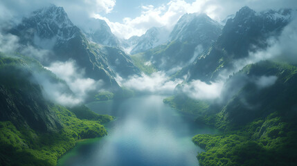 Clouds covering the mountains, peaceful view of nature. High angle