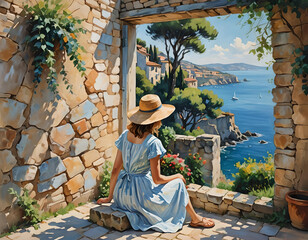 Watercolor sketch of a young woman looking over a traditional Mediterranean town by the sea. Dramatic AI generated landscape. Digital illustration. CG Artwork Background