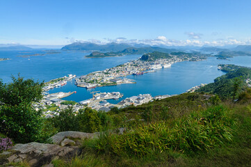 Obraz premium A scenic overlook captures a vibrant coastal town surrounded by lush greenery and the tranquil ocean.