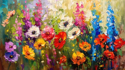 Oil Painted Colorful garden flowers