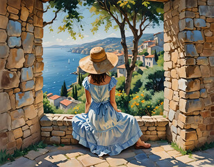 Watercolor sketch of a young woman looking over a traditional Mediterranean town by the sea. Dramatic AI generated landscape. Digital illustration. CG Artwork Background