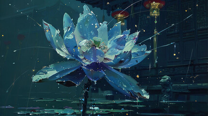   A blue flower sits atop a metal pole amidst lily-filled water in a room