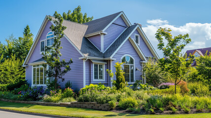 A cozy lavender-colored house nestled amidst the greenery of the suburban neighborhood, with its siding and traditional windows creating a warm and inviting atmosphere on a sunny day.