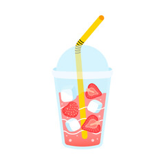 Fresh strawberries lemonade. Berry smoothie or juice in closed plastic cup with straw. Take away summer drink with ice and strawberries. Fresh berries juice, tasty beverage flat vector illustration.