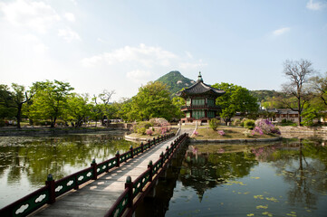 Fototapeta premium View of the traditional wooden pavilion on the pond in the palace