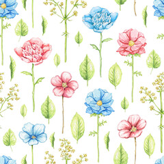 Seamless pattern with blue, red flowers and vegetation isolated on white background. Watercolor hand drawn illustration