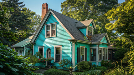 A cozy turquoise-colored house nestled amidst the greenery of the suburban neighborhood, with its siding and traditional windows creating a warm and inviting atmosphere on a sunny day.