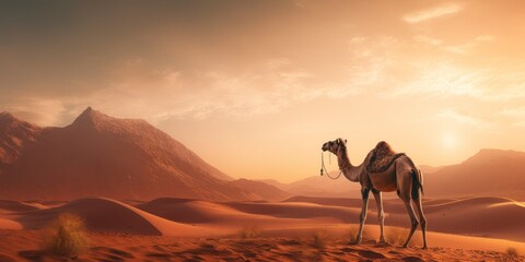 Camel in the desert at sunset.