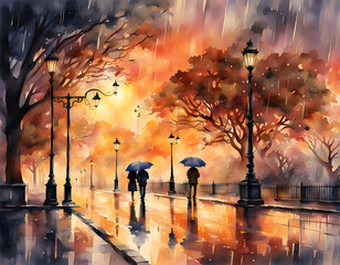Watercolor rainy autumn day background. A couple under an umbrella walking in the rain. Wet town street. Amazing digital illustration. CG Artwork Background