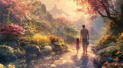 father days the wonders of nature's rebirth, an illustration captures the essence of Father's Day   springtime landscape With Father and son