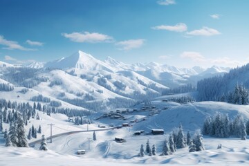Fototapeta premium Scenic view of a snow-covered mountain landscape with a village and ski tracks under a clear blue sky
