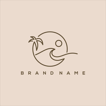 minimalist logo of sun beach waves and palm circles line art vector