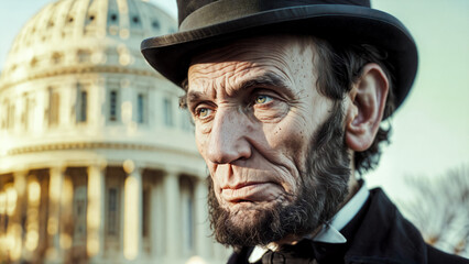 Portrait of Abraham Lincoln, 16th President of United States, with his typical hat, Capitol building in background.