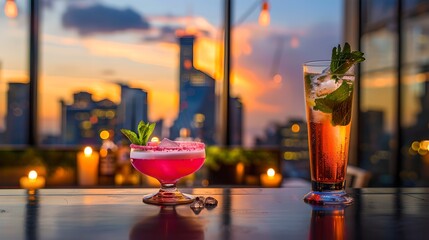 Elegant evening cocktails on a rooftop bar against a sunset cityscape. Relaxed urban nightlife concept. Perfect drinks for summer evenings. AI