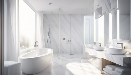 modern bathroom in white marble, day light
