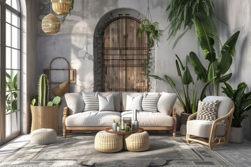 modern living room interior, arches, palm plants