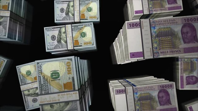 American Dollar and Central African CFA Franc money Cameroon Chad Congo Gabon money exchange. Paper banknotes pack bundle. Concept of trade, economy, crisis and finance. Notes loopable seamless 3d.