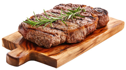 A large juicy steak on a wooden board with rosemary, transparent or isolated on white background