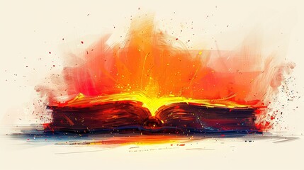   A painting of an open book with a bright flame emerging from its pages, against a white background