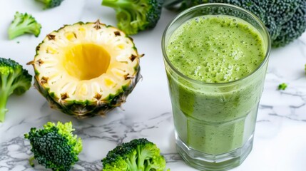 Broccoli pineapple smoothie, on a white marble background